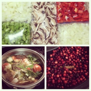 Prep Day 1- veggies, chicken stock and cranberry butter. 